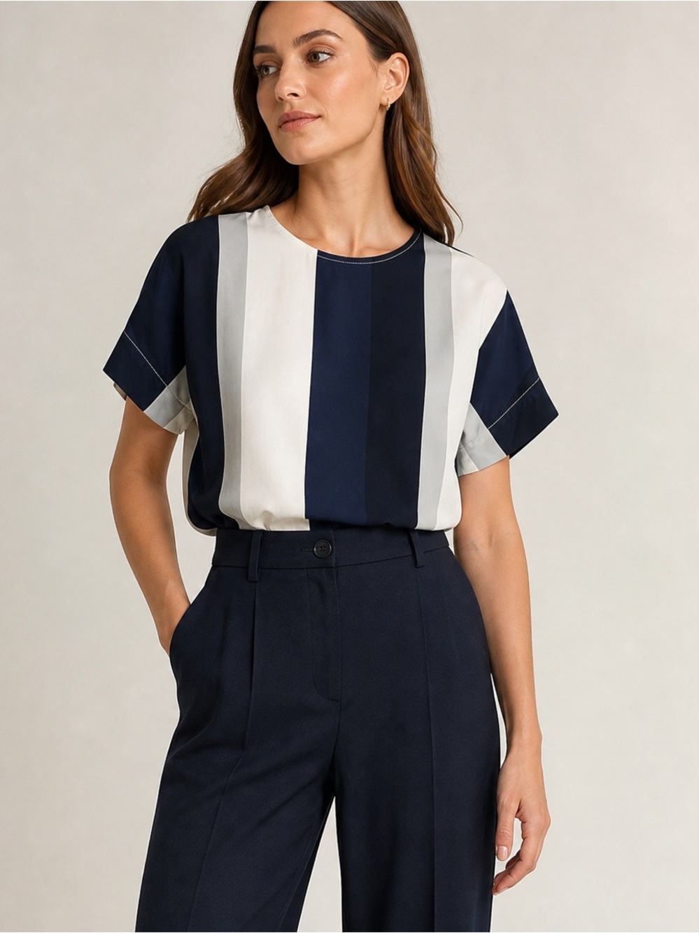 Judith & Charles Silk Striped Blouse Navy Cream Short Sleeve Top Sz 2